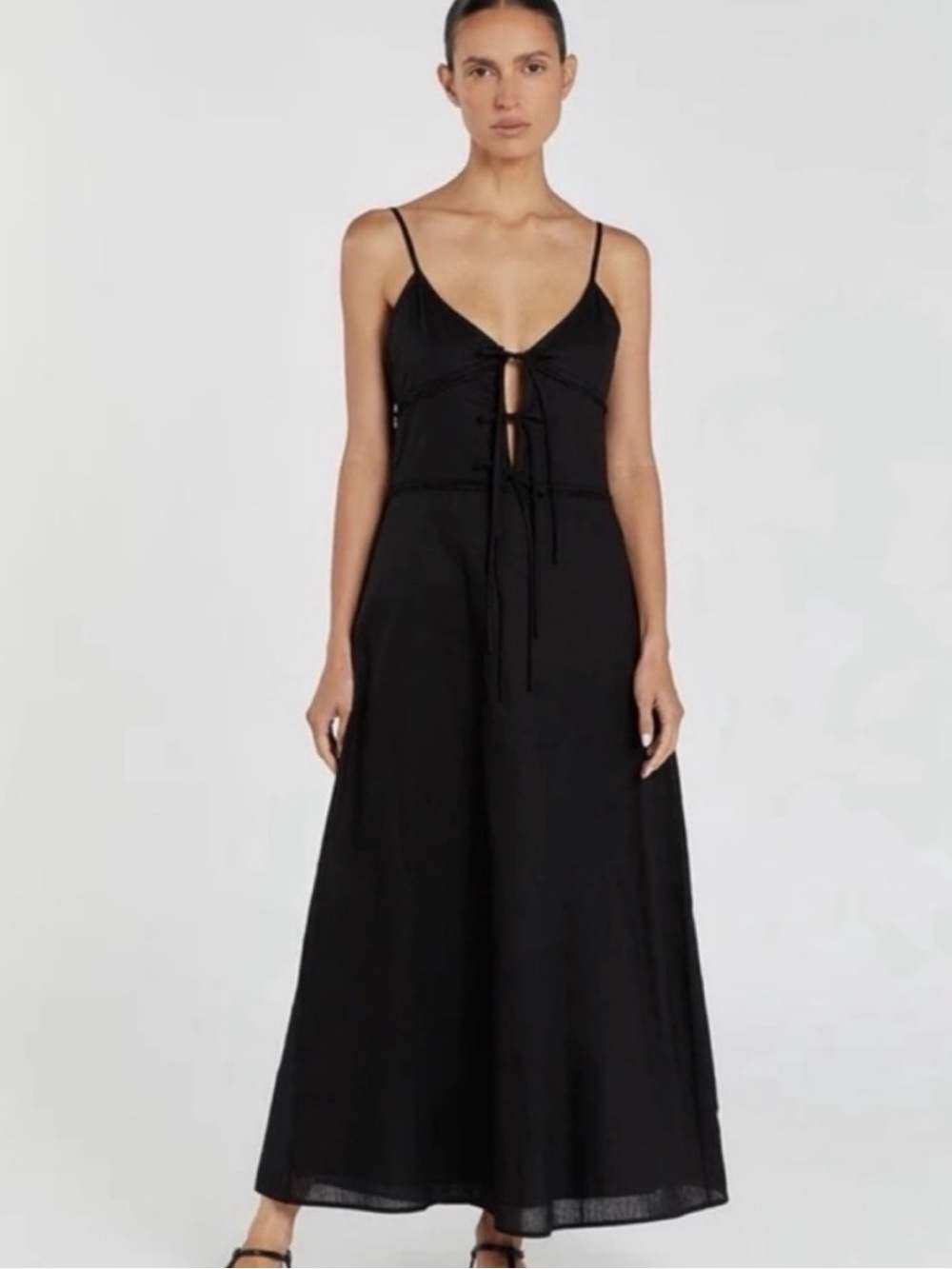 NWT DISSH Mimi Black Linen Cotton Blend Tie Front Midi Dress US Size 12